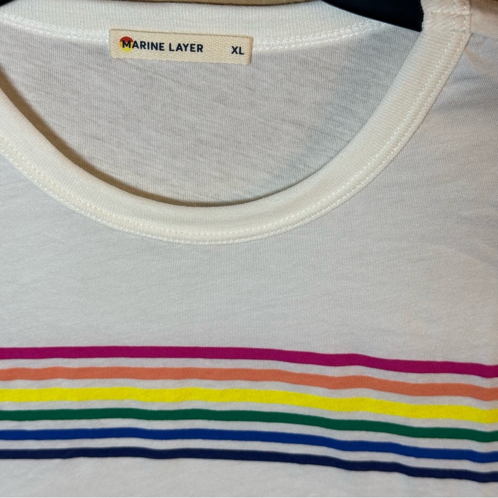 Marine Layer White Rainbow Stripe Graphic Cotton Blend Tee Women's XL - Picture 6 of 9